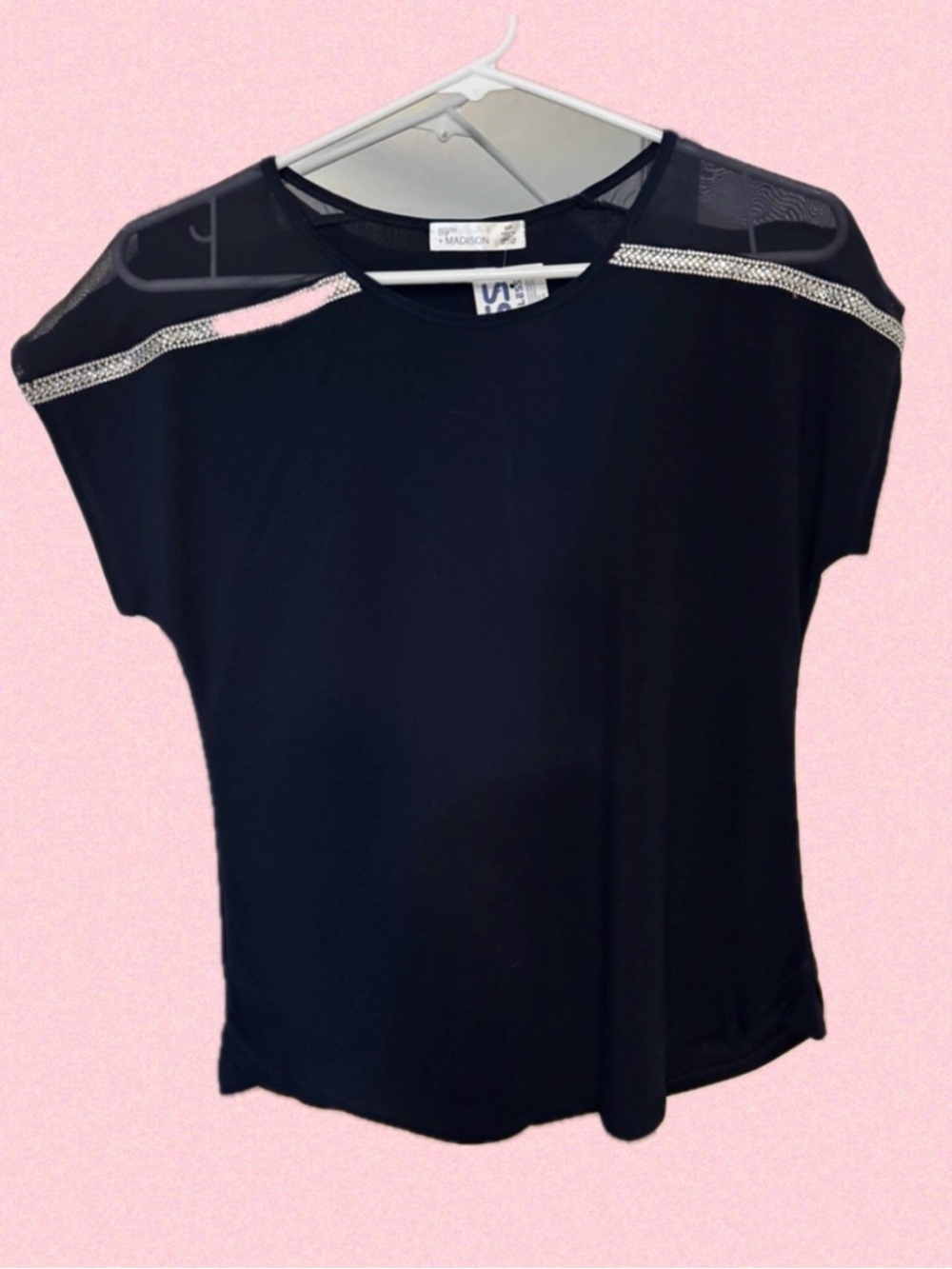 89th & Madison Navy Short Sleeve Top with Rhinestone Trim